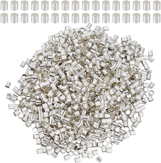1 Doos 1000PCS 2MM Zilveren messing krimpkralen buis krimpen metaal cilindrisch kleine buisjes gevormd stopuiteinde afstandhouder losse kralen bulk voor sieraden maken armbanden ketting doe