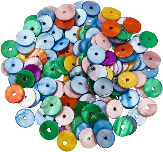 1 doos met 160 natuurlijke schelp parels met gat, gekleurd, plat en rond, van zoetwaterschelpen, voor het maken van sieraden zoals armbanden en kettingen, handwerkbenodigdheden.