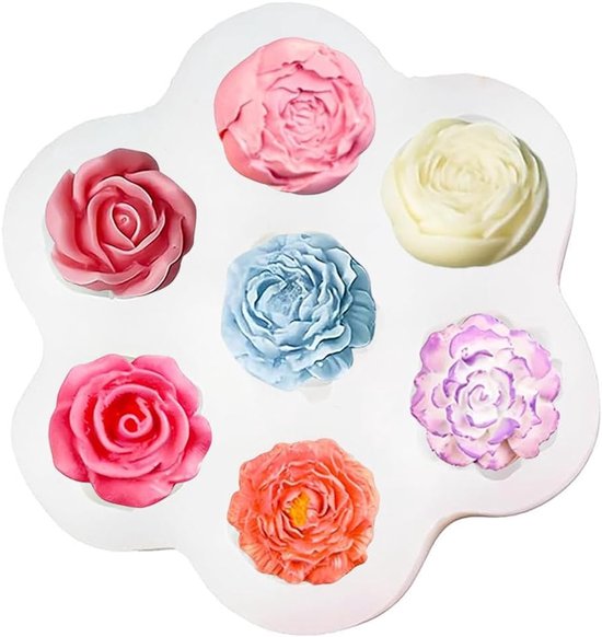 1 Pcs 7-Hole Flower Silicone Mold, Multi-Color Rose Peony Mold For Baking, Cake, Soap, Candle, Plaster Crafts, Oven Microwave Dishwasher Safe (-40°C to 230°C), Easy Clean Kitchen Baking Tool