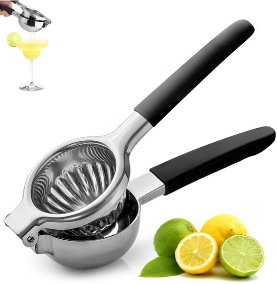 1 stuk - Citroenpers van roestvrij staal - Metalen citruspers - Citroen- en fruitsap machine met siliconen handgrepen - Grote handmatige citruspers - Handmatige pers - Ergonomisch ontwerp met stevige handgrepen (zwart)