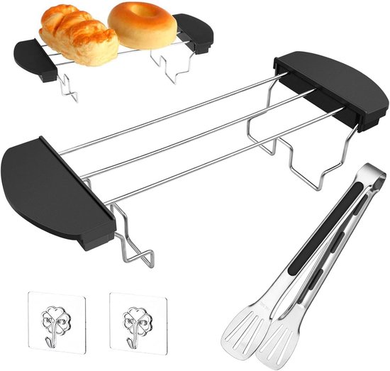 1 Stuk RVS Toaster Hot Rack met Keuken Tang en 2 Transparante Haken voor Brood, Toast en Pannenkoeken in de Keuken