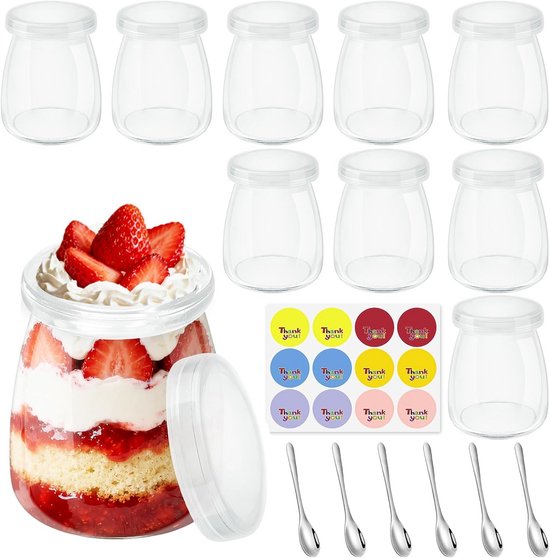 10-Delige Set Glazen Yoghurtpotjes met Deksel en Lepels van Merkloos