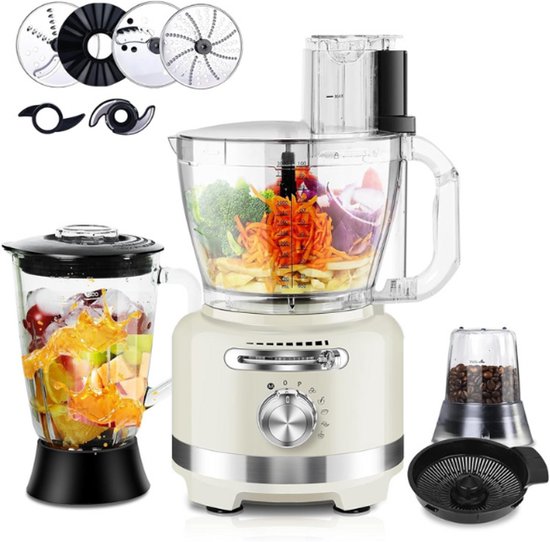 10-In-1 Elektrische Keukenmachine 1000 W Met Glazen Mixer Van 1 5 L En Kom Van 3 Liter Voor Snijden Hakken Raspen Mixen Pureren En Deeg 6 Voorinstellingen Voor Thuisgebruik Wit