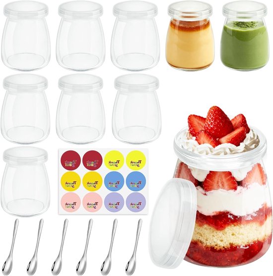 10 Stuks Glazen Yoghurttassen 200ml met Luchtdichte Deksel - Ideaal voor Yoghurt, Pudding en Desserts met 6 Lepels