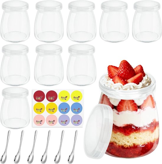 10 Stuks Glazen Yoghurttassen van 200ml met Luchtdichte Deksel voor Yoghurt, Pudding en Desserts, Inclusief 6 Lepels voor Maken van Jams en Mousse