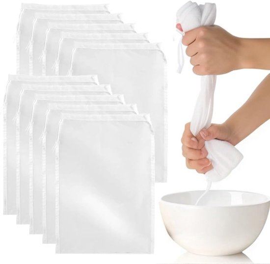 10 Stuks Herbruikbare Filterzakken voor Notenmelk, Fijnmazige Kaasdoek voor Sap, Koffie en Yoghurt 20x30cm