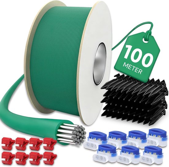 100 m begrenzingskabel voor robotmaaier, 12 kabelconnectoren, 12 aansluitklemmen, 50 haringen, accessoires voor robotmaaier, kabelaccessoireset, compatibel met Gardena Bosch Husqvarna, Stihl