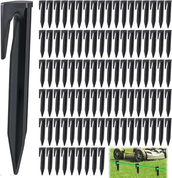 100 stuks haringen voor begrenzingskabel, 8,5 cm, accessoires voor grasmaaiers, universele robot, robuuste kunststof haken, spijkers, houder, grondpennen, bevestigingspinnen (zwart)