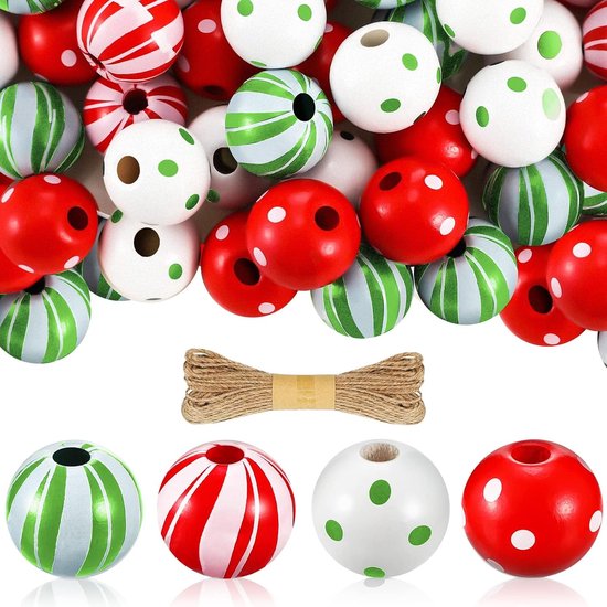 100 stuks houten kerstkralen, 16 mm, kleurrijke houten kralen met henneptouw, ronde houten kralen voor kerstversiering (kleur B)