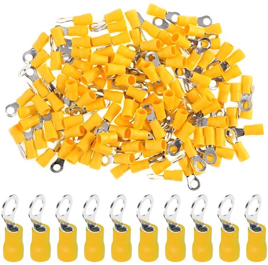 100 stuks ringkabelschoenen van koper, M10, elektrische connector, oogje, ring 10,5 mm, elektrische kabelschoenen, geïsoleerde krimpklemmen, kabel draad 4,0 - 6,0 mm², 12-10 AWG, geel