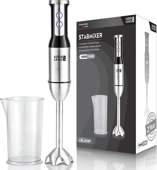 1000 W staafmixer roestvrij staal - met spatbescherming en 8 standen plus turbo | hoogwaardige pureerstaaf roestvrij staal en mixstaaf | keuken toverstaf | handblender roerstaaf stick - mixer 1000 watt van Merkloos