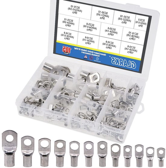 105 Stuks 12 Soorten Zware Lugs Accukabel Tinned Copper Oogjes Tubulaire Ring Terminals Verbindingen met Spy Hole Assortiment Kit voor Elektriciteit en Auto-accessoires