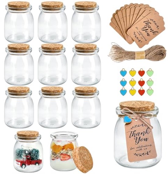 12 Stuks 200 ml Yoghurtglazen Potten met Kurkdeksels – Ideaal voor Pudding en Huwelijksgunsten van Virano