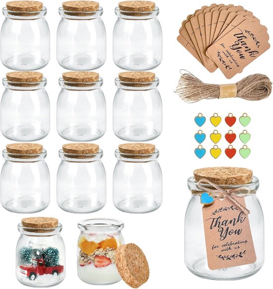 12 Stuks 200 ml Yoghurtglazen Potten met Kurkdeksels - Ideaal voor Pudding en Huwelijksgunsten