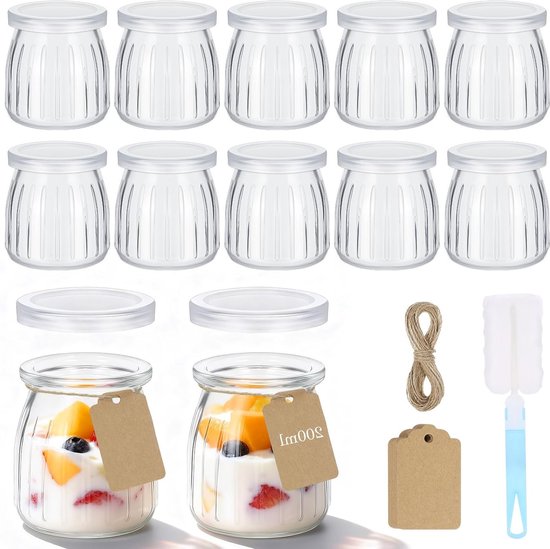 12 Stuks Glazen Yoghurttpots met Deksel, 200ml - Herbruikbare Jars voor Yoghurt, Jam en Overnight Oats