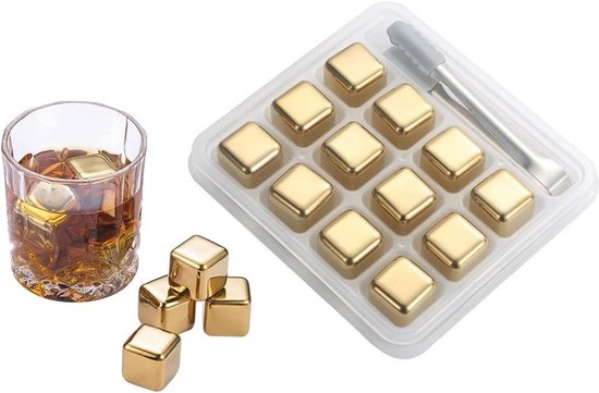 12 Stuks Herbruikbare Ijsblokjes van Roestvrij Staal - Perfect voor Whisky, Wodka, Rum en Meer van Merkloos