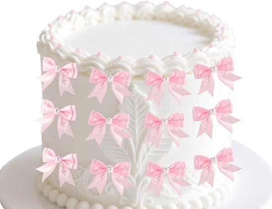 12 Stuks Roze Strik Cupcake Toppers, Dubbel Laags Versiering met Parels voor Verjaardagsfeest, Bruiloft en Babyshower Decoratie