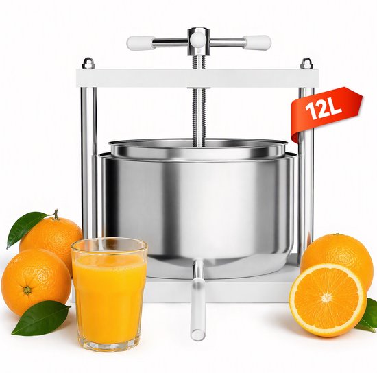 12L Handmatige Fruitpers – Appelsap, Druivensap & Groentesap – RVS Persmand, Eenvoudig Schoon te Maken, Zilver