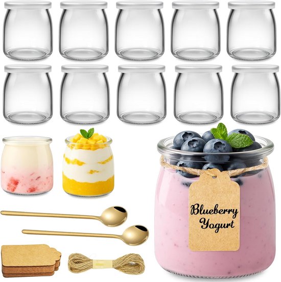 12x Glazen Yoghurtpotjes van 200ml met Deksel, Lepel, Etiket en Koord - Perfect voor Desserts en Bewaren van Merkloos