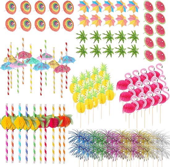 140 Stuks Cocktail Decoraties, Cocktail Prikkers, Parasolletjes en Party Accessoires voor Feesten, Bruiloften en Barbecue Drinks van Merkloos
