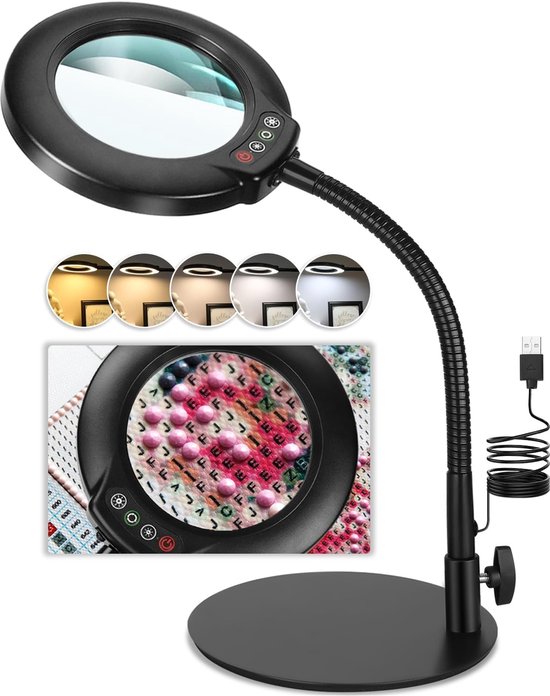 15 x vergrootglas met licht en standaard, 5 kleurmodi, traploos dimbare led-verlichte bureaulamp, handen vrij, flexibele zwanenhals, loep met licht voor handwerk, hobby, schilderen, werken