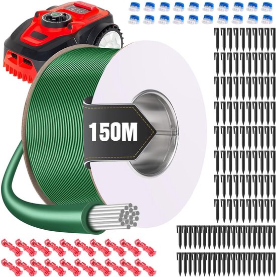 150 m begrenzingsdraad voor robotmaaier + 120 haringen + 20 kabelklemmen + 20 T-tap-aansluitingen, kabel voor robotmaaier, universele kabel, begrenzingskabel, compatibel met Gardena, Bosch, Husqvarna