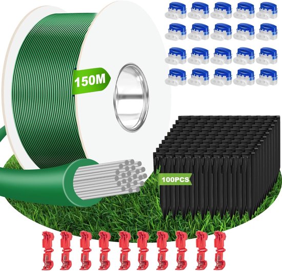 150 m begrenzingskabel robotmaaier + 100 haringen + 20 kabelverbinders + 10 aansluitklemmen, kabelaccessoires voor grasmaaiers