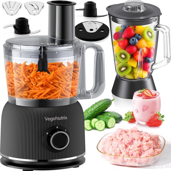 1500 W keukenmachine en mixercombinatie, 2,5 l hakmolen voor vlees, groenten en deeg, 2 liter blender met glazen reservoir, 2 snelheden en pulsfunctie voor smoothies, sap enz.