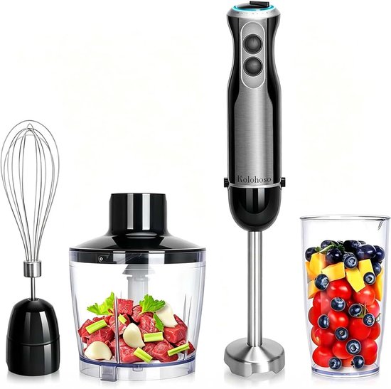 1500W Staafmixer, 4 in 1 Handblender met 20 Instelbare Snelheden | Immersion Blender met 4 Roestvrijstalen Messen, Elektrische Staafmixerset met 500ML Hakmolen, 600ML Maatbeker, Garde BPA-vrij
