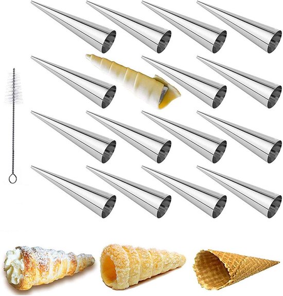 16-delige set bakvormen voor croissants en roomhoorns met reinigingsborstel van roestvrij staal voor perfecte gebakjes en desserts