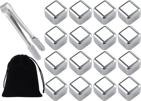 16 roestvrij stalen ijsblokjes - herbruikbaar - inclusief tang en zwarte stoffen zak - voor cocktails - whiskyliefhebbers van Eletree.
