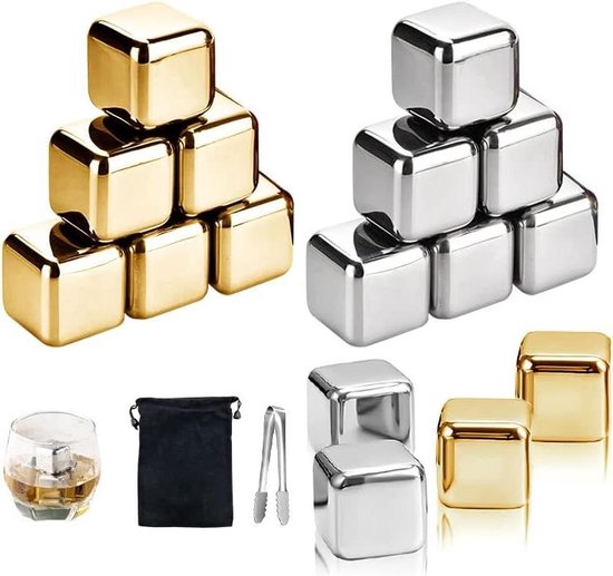 16 stuks herbruikbare roestvrijstalen metalen ijsblokjes - goud en zilver - inclusief ijsclip van Luxy
