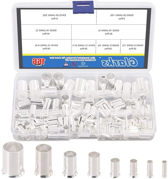 166-delige Wire Ferrules Kit met 8 maten AWG 12-2/0 - Zilver Geplateerde Koper Crimp Connectoren en Niet Geïsoleerde Terminals voor Elektrische Verbindingen