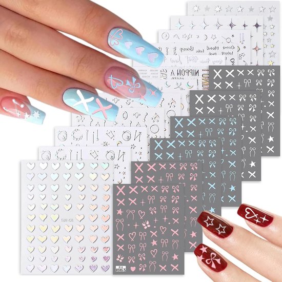 18 Bladen Nagelstickers voor Nagelkunst en Nagelsalon - Zelfklevende Decoratieve Accessoires met Sterren, Harten en Strikken voor Delicate Nageldesigns van Merkloos