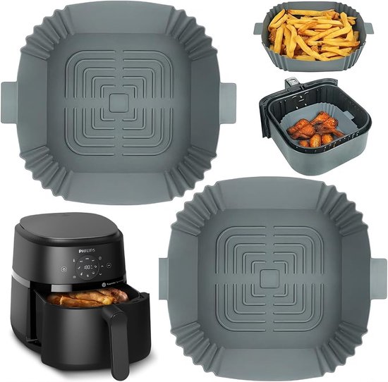 2-delig siliconen Air Fryer-voering voor Tefal 4,2L/5L COSORI 3,5L/4,7L/5,5L, 8 inch vierkante Air Fryer-accessoires voor Ninja 6,2L Instant 3,8L FABULETTA 4L Philips 2000-serie 4,2L (binnen