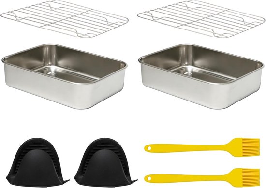 2-delige Casserole Set voor Airfryer van RVS 304 met Afvoerrooster, Grillroosters en Silicone Kwast, Ideaal voor Gezond Koken
