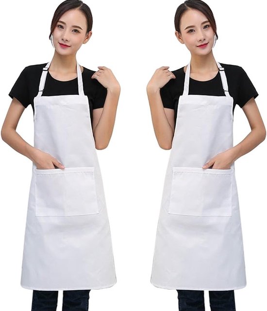 2-delige Keuken Schort Set met 2 Voorzakken en Verstelbare Halsband voor Koken, Wit, 66 x 76 cm, Geschikt voor Mannen en Vrouwen van Merkloos