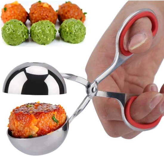 2 Gehaktbal Maker Roestvrij Staal Vlees Ballers Anti-aanbak Gehaktbal Schep Rijstballen Clip Maker met Anti-Slip Handgrepen voor Keuken Gereedschap (Rood)