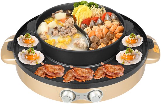 2-In-1 Elektrisch Hotpot Met Grill Goud Chinese Fondue Dubbelzijdige Kookpan Voor Slaapzaal Thuis Barbecue