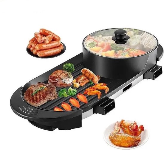 2 In 1 Elektrische Bbq- Pan- Grill - HotPot - Gourmet - Bakplaat - Party Pan - Anti Aanbaklaag - Duurzaam Materiaal - 2 tot 8 Personen - Feestdagen