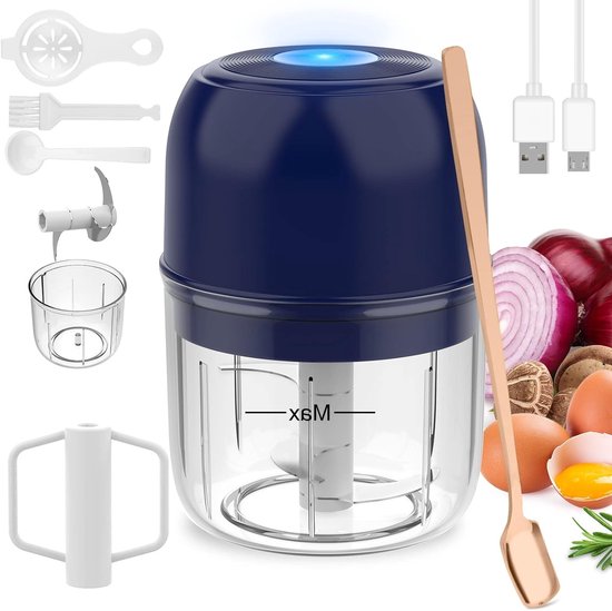 2-in-1 Elektrische Knoflooksnijder, Mini Hakmachine met Deksel, Draagbare Groente- en Fruit Cutter, 250+250ml (Blauw)