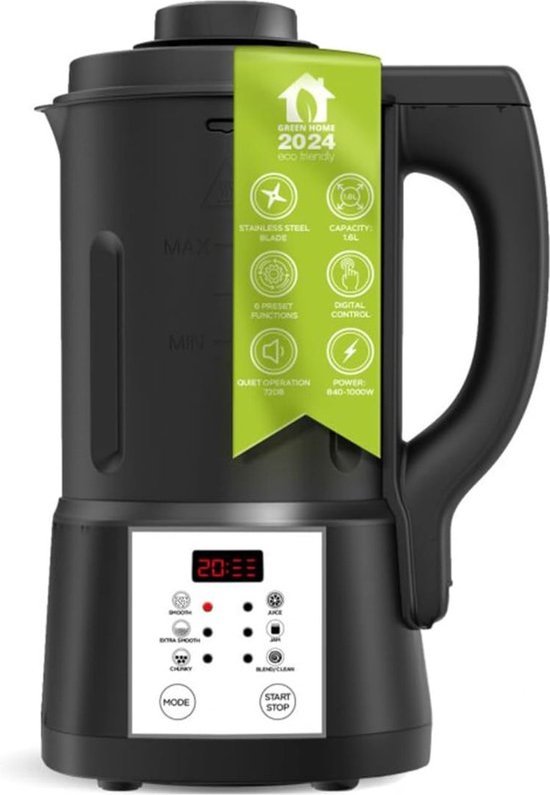 2 in 1 Soepmaker – Blender – Led Display – 6 Programma’s –– Hittebescherming – Stille Werking – Modern Design – 1.6L – 100W – Zwart van KitchenBrothers