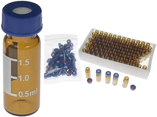 2 ml HPLC-injectieflacons, Lab autosampler injectieflacons, 9-425 heldere flesjes met schrijfoppervlak en graduaties, schroefdop, rode PTFE en witte siliconen septa, 100 stuks/verpakking (Amber)