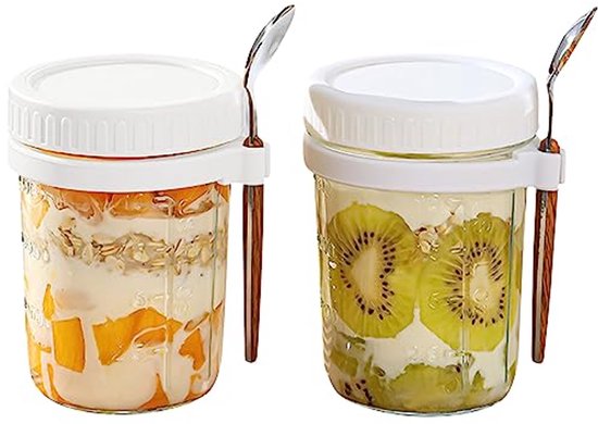 2 Pack Overnight Oats Jars met Deksels en Lepels - Nachtelijke Haver Potten voor Melk en Yoghurt Opslag van Merkloos