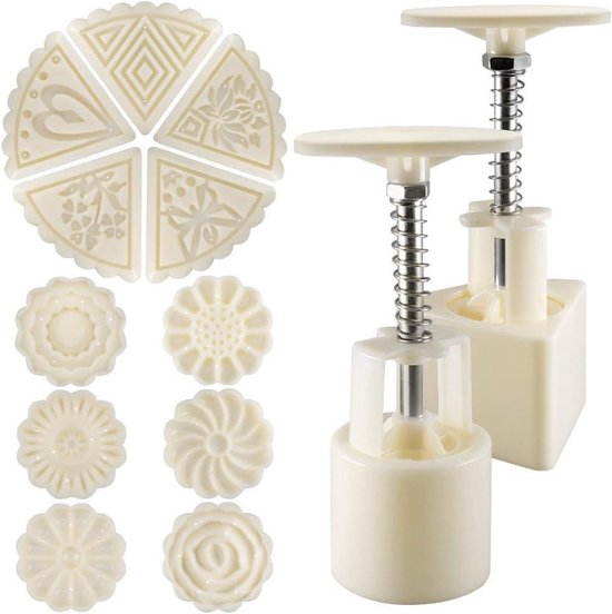 2 Sets Mooncake Mould Press 50g met 11 Stempels, Decoratie Gereedschap voor Bakken van Cookies en Taarten - Wit, Plastic, DIY Bakaccessoires van Merkloos
