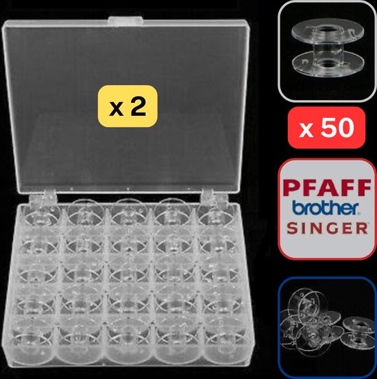 ** 2 ** SINGER-compatibele / Doosjes met 2x25 naaimachine spoeltjes (** 50st! **)- spoelendoos spoelen naaien naai machine / Ook compatibel met Brother A-serie, F-serie en NV1100, NV1300, Pfaff-stroom. (behalve Expression-serie en Select-serie) van Merkloos