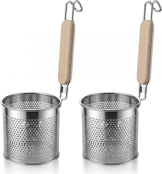 2 stuks 10cm Nudelkorf Microgeperforeerd Ramen Zeef RVS Noodlezeef om te Koken met Houten Handvat voor Noedels Groenten Knoedels Voedsel