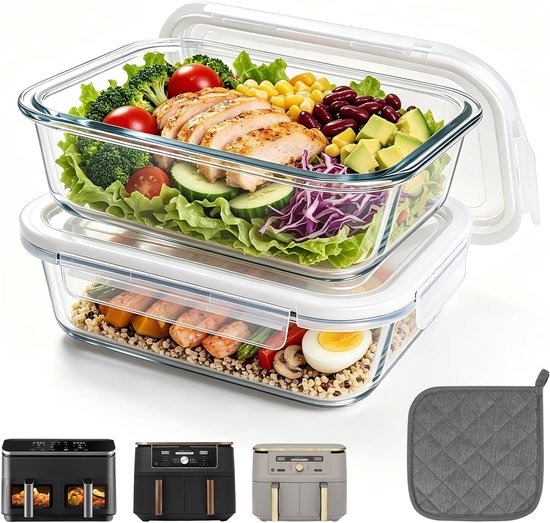 2 stuks glazen ovenschaal Airfryer met deksel en pannenlappen, hittebestendig, krasbestendig en vaatwasmachinebestendig, airfryer ovenschaal voor Philips, Cosori, Ninja en vele heteluchtfriteuses