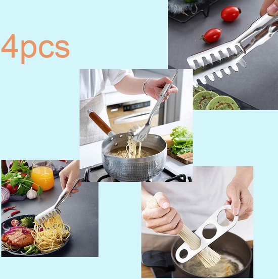 2 stuks roestvrijstalen spaghettitangen + 1 stuks spaghetti-meetgereedschap, 4 meetinstrumenten + 1 stuks roestvrije hittebestendige noedellepel voor keuken