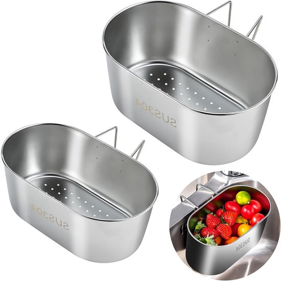 2 Stuks RVS Afvoerorganiser, Keukenaccessoires voor Strainer en Drainer, Ideaal voor Groenten en Fruit, Praktische Caddy en Mand voor in de Wasbak van Merkloos
